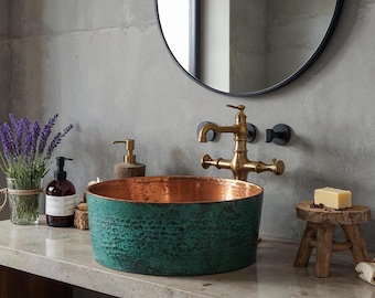 Handmade Copper Vessel Sink: Green Patina, Moroccan Farmhouse Basin