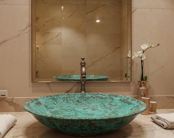 Handmade Green Patina Brass Vessel Sink – Rustic Moroccan Bathroom Basin, Round Vanity Bowl