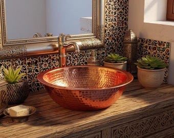 Handmade Hammered Copper Sink Bowl – Moroccan Honeycomb Vessel Basin