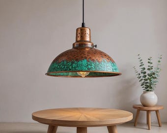 Handmade Copper Pendant Light: Green Patina, Golden Interior, Moroccan Chandelier