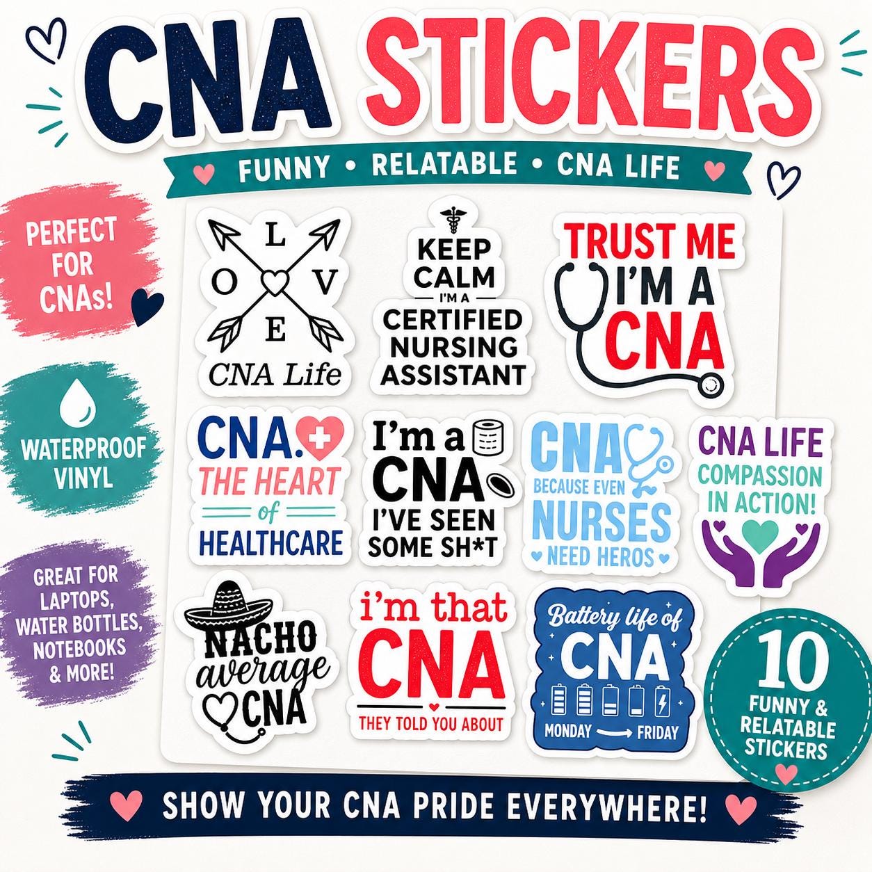 10 Pack CNA Die Cut Stickers Waterproof Vinyl, Funny Certified Nursing ...