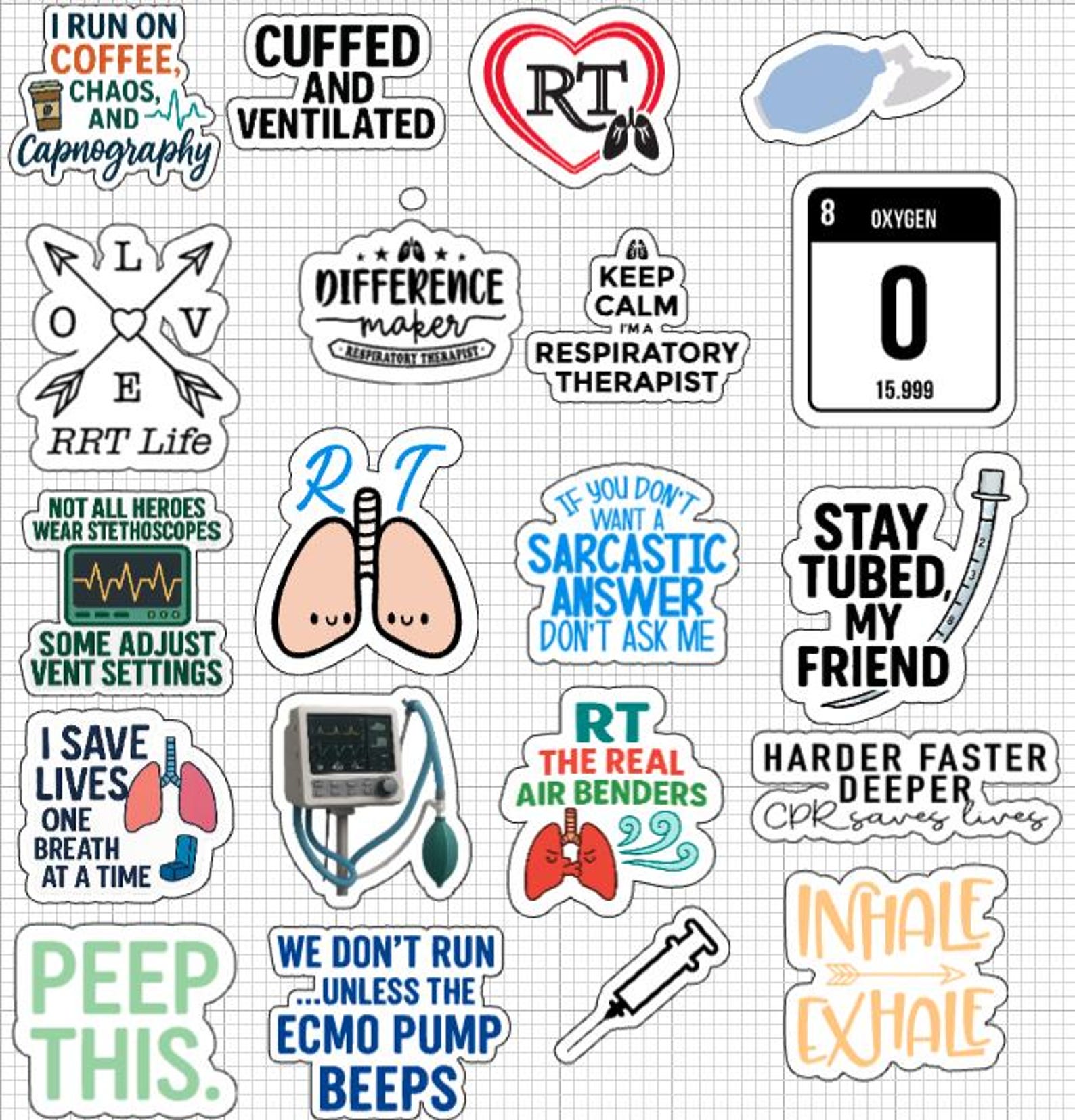 Respiratory Therapist Vinyl Stickers – RT Humor Decals, 20-piece Glossy ...