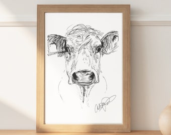 Cow Artwork, Farm Animal Wall Print, Original Sketch Drawing, Personal Gift, Minimalist Wall Decor, Monochromatic Art, Cow Picture