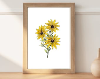 Black-Eyed Susan Watercolor Artwork Yellow Flower Wall Art Farmhouse Decor Floral Art Flower Wall Print  Mother's Day Gift Minimalist Art