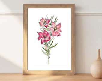 Gladiolus Watercolor Illustration, Colorful Wall Art, Relaxing Flower Print, Minimalist Botanical Artwork, August Birthday Gift
