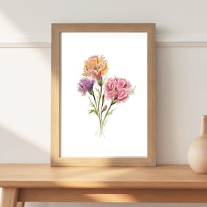Tricolor Carnation Watercolor Sketch, Floral Wall Art, Carnation Art, Flower Art, January Birthday Gifts, Carnation Decor
