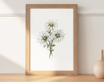 Ilustracja akwarelowa Daisy, dekoracja ścienna do domu w stylu wiejskim, sztuka Daisy, sztuka kwiatowa, prezent na miesiąc urodzin w kwietniu, nadruk kwiatowy, prezent na dzień matki