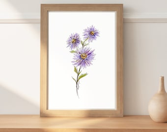 May include: A watercolor painting of a bouquet of purple flowers with yellow centers. The flowers are arranged in a vertical line and are set against a white background.