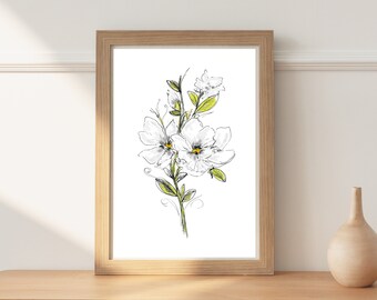 Illustration aquarelle de magnolia, impression botanique minimaliste, décoration florale pour la maison, oeuvre d'art florale, art du Mississippi, cadeau de fête des mères