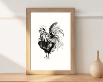 May include: Black and white line drawing of a rooster with its head turned to the side and its tail feathers spread out.