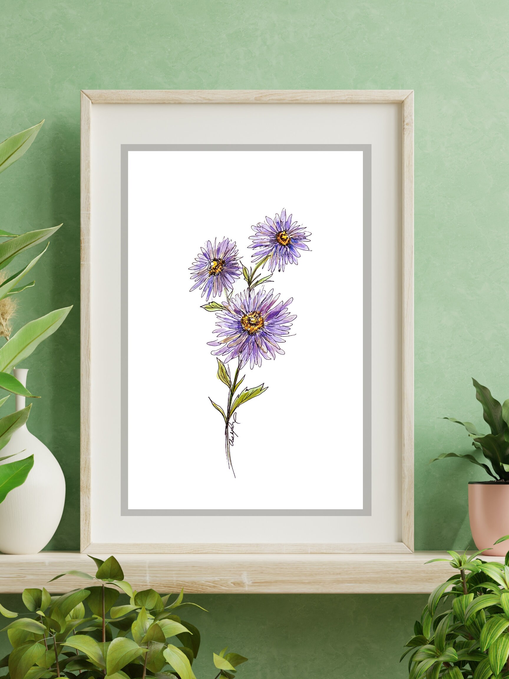 Aster Watercolor Illustration Flower Print Floral Wall Art Hamptons ...