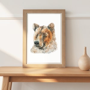 Ilustração em aquarela de urso, arte florestal, decoração de parede amadeirada, arte animal, presentes fofos de urso