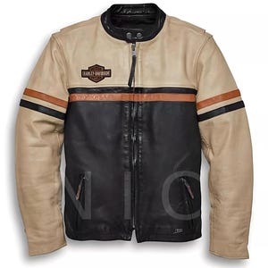 Men&#39;s Vintage Beige Harley Davidson Leather Jacket - Classic Motorbike Jacket - Retro HD Jacket
