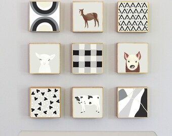 farm animals nursery wall art- nine set of 5x5 art blocks nursery decor, modern farmhouse nursery prints animal decor redtilestudio