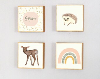 custom name nursery art boho nursery - woodland art for nursery -neutral boho set of 4 nursery art blocks, rainbow playroom decor