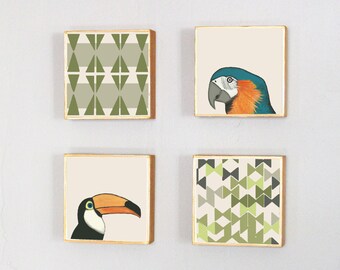 boho tropical nursery - jungle art for nursery -neutral boho botanical nursery art blocks, macaw, toucan, green nursery playroom decor