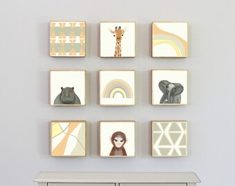 safari nursery wall art- nine set of 5x5 art blocks- nursery decor, elephant, animal prints, safari decor, geometric print, redtilestudio