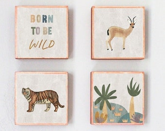 safari animal prints nursery decor, personalized name nursery, boho safari zoo art for nursery -neutral boho zoo nursery art blocks,