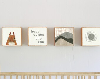 woodland nursery decor boho nursery - woodland art for nursery -neutral boho forest nursery art blocks, sun clouds playroom decor