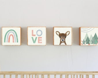 woodland nursery decor -  boho love nursery, woodland art for nursery -neutral boho forest nursery art blocks, playroom decor