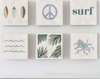 surf nursery gallery, wall art, set of 6 art block prints, surf nursery decor, surf prints for boys beach nursery, surfer boy room decor