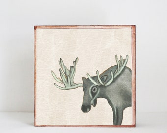 moose woodland nursery art, forest animal nursery prints, 5x5 nursery art block, moose print, forest decor, woodland animals, redtilestudio