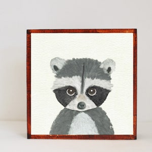 raccoon nursery art, woodland nursery art, forest nursery decor, neutral nursery decor kids room decor art block wall art, redtilestudio image 1