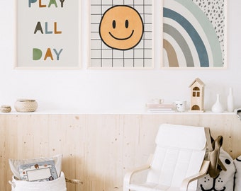 Play All Day Wall Art Downloadable Prints, Smiley Face Art, Playroom Printable Poster, Baby Boy Kids Room Decor, Rainbow Prints Wall Art