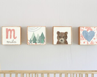 woodland nursery decor -  custom name nursery, woodland art for nursery -neutral boho forest nursery art blocks, playroom decor