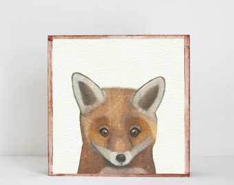 fox woodland nursery art, forest animal nursery prints, 5x5 wooden art block, baby animal print, forest decor, woodland animal redtilestudio