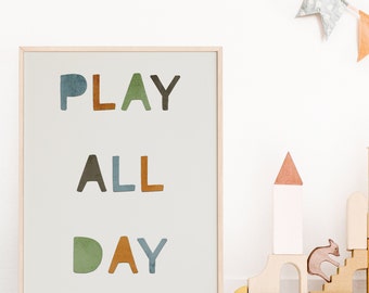 Play All Day Wall Art Downloadable Prints, Neutral Nursery, Playroom Printable Poster, Baby Boy Kids Room Decor, Playroom Prints Wall Art