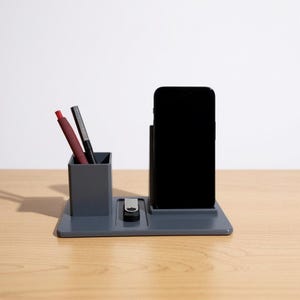Desk organizer – cell phone holder, pen holder and additional compartment – practical accessories for the office, home office or bedside table