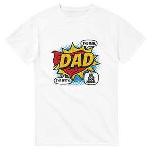 Koszulka z komiksem Super Dad – zabawny prezent na Dzień Ojca dla taty, koszulka z napisem „The Man The Myth The Role Model”, koszulka z nadrukiem Superbohatera Taty