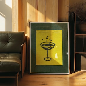 Wydruk na koktajl barze: Vintage, zabawna sztuka ścienna, jasny plakat z połowy wieku, abstrakcyjny wystrój Martini, zielono-żółta, wyrafinowana sztuka