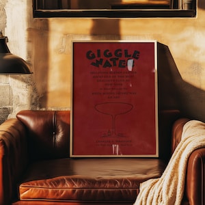 Vintage Cocktail Print: Oryginalna sztuka ścienna do drinków Czarno-czerwony plakat Szklanka szampana Typografia Wystrój Mid Century Modern Print do wózka barowego