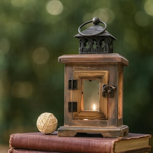 Rustic Wooden Candle Lantern with Glass Panels, Farmhouse Table Centerpiece, Vintage Style Candle Holder for Wedding, Patio or Home Decor