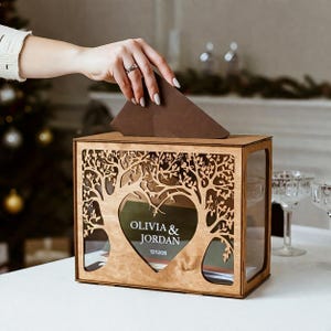 Personalized Wooden Wedding Card Box, Rustic Tree Heart Mailbox, Bridal Shower Holder
