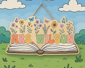 Personalized Teacher Door Sign: Floral Wooden Classroom Name Plaque