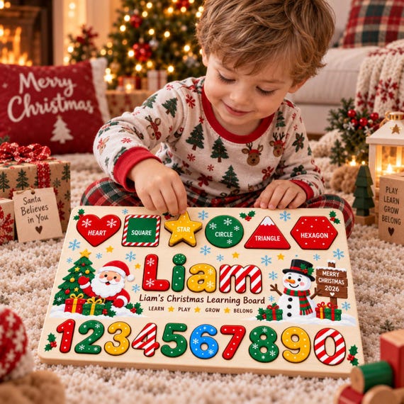 Personalized Christmas Learning Board for Kids, Custom Name Wooden Puzzle, Shapes & Numbers Activity Toy, Toddler Christ
