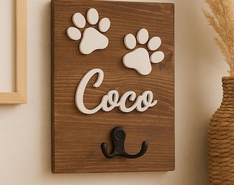 Gancho de pared personalizado con huella de perro / Soporte para correa con nombre personalizado / Soporte para collares de mascotas