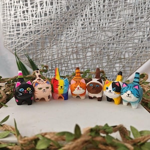 Painted Wooden Cat Sculpture, Handmade Wooden Pet Sculpture Cat Lover Figurine,Mini Wooden Cat,Desk Decor,Animals Lovers Gift,Cat Lover Gift