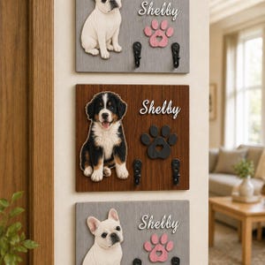 Könnte beinhalten: Drei dekorative Schlüsselhalter mit Hunde-Designs. Jeder Halter hat eine andere Hunderasse, den Namen "Shelby", Pfotenabdrücke und drei Haken. Die Schlüsselhalter sind an einer Wand montiert.