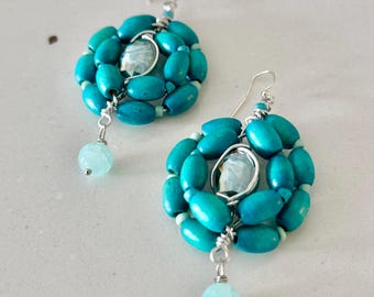 Teal Blue Woven Wood Bead Earrings