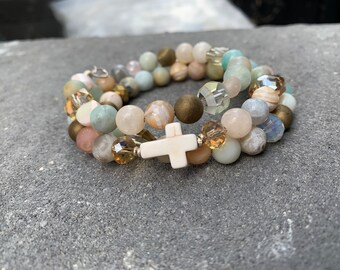 Natural Stone & Cross Wrap Bracelet  // No clasp // Neutral Tones