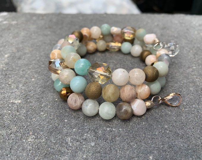 Natural Stone Wrap Bracelet  // No clasp // Neutral Tones