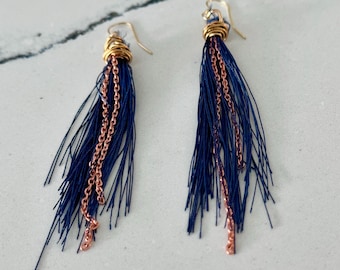 Navy Silk Thread & Copper Chain Earrings