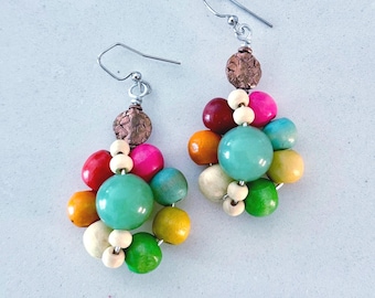 Pastel Colored Wooden Bead & Jade Earrings