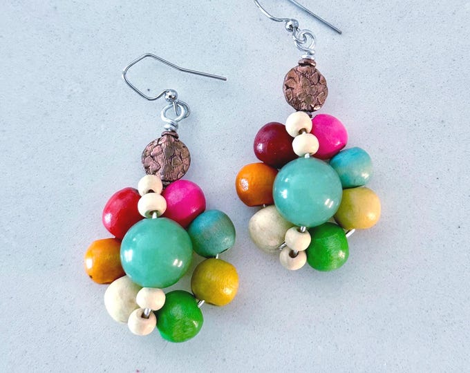 Pastel Colored Wooden Bead & Jade Earrings