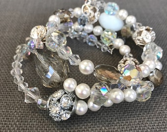 Pearl and Crystal Bracelet  // No clasp  // Vintage Pearl, Silver, and Crystal