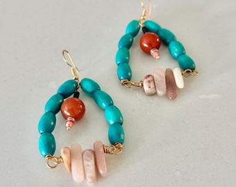 Teal Blue Wood and Sunstone Earrings